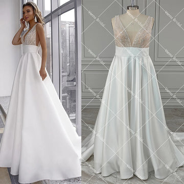 Glitter Sequins Sexy V-Neck Wedding Dress Simple Satin Retro Backless Pearls Zipper Plus Size Customized Soft Bridal Gown