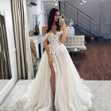 Lace Wedding Dresses 2022 Off The Shoulder Sweetheart Neck Custom Made To Measures Tulle Bridal Gowns Side Split Vintage A-Line