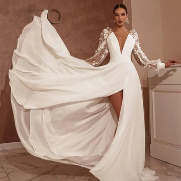 A-line Elegant Women's Wedding Dress Puffy Sleeves 3D Lace V-neck backless sexy side slit Bridal dress Beach Garden New