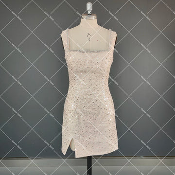 Mini Lux Beading Sparkle Wedding Party Dress Plus Size Short Length Customized Square Neck Open Back Nude Sequins Bridal Gown