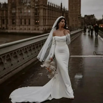 Modern Satin Mermaid White Wedding Dress Long Sleeves Bridal Off Shoulder Elegant Strapless Backless customize vestidos de novia