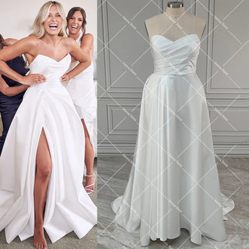 High Split Satin Strapless Wedding Dress Zipper Sweep Train Ruched Pleats Customized Plus Size Simple Sweetheart Bridal Gown