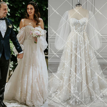 Long Lantern Sleeves A Line Skirt Wedding Gowns Customized Lace Sheer Tulle Corset Top Romantic Sweetheart Bridal Ballgown