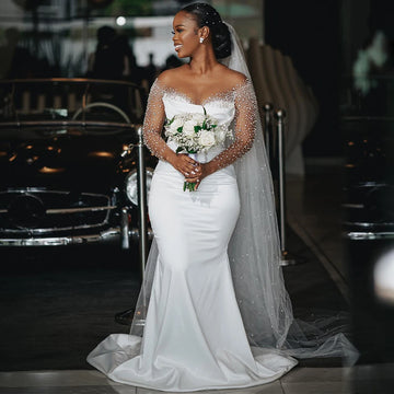 African Luxury Wedding Dress Pearls Long Sleeves White Satin Wedding Gowns for Women 2024 Bride Mermaid/Trumpet Bridal Dresses