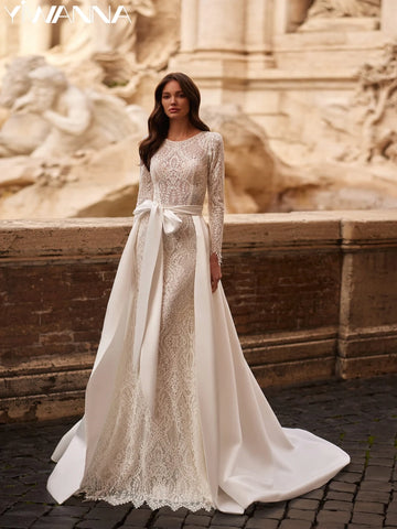 Detachable Train Mermaid Long Bride Robe Classic O-neck Wedding Dress 2025 Vintage Lace Bridal Gown Customized Robe De Mariée