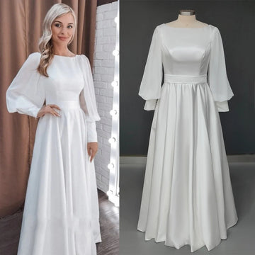 Long Puffy Sleeves Floor Length Satin Wedding Bride Gown Customized Plus Size A Line Modest Boat Neck Bridal Dress with Pockets