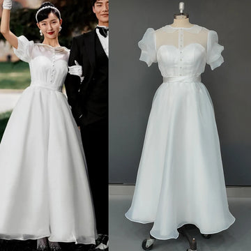 Organza Short Bishop Sleeves Wedding Gowns Ankle Length Customized Vintage Simple Cheap Buttons Transparent Back Bridal Dress