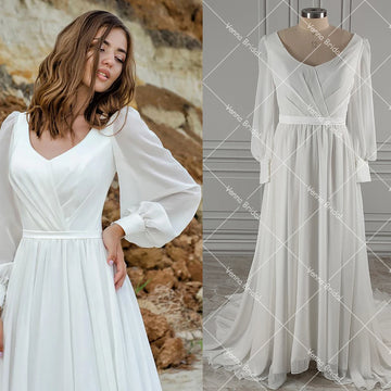 Scoop Neck A Line Chiffon Wedding Dress Long Billowing Sleeves Flowy Lined Skirt Corset Zipper Simple Customized Bridal Gowns