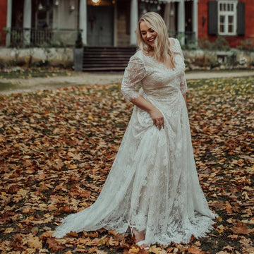 Customized Long Lace Flattering Wedding Dress Large Big Sizes Beach Garden Photos Bohemia Boho Half Sleeves V-Neck Bridal Gowns