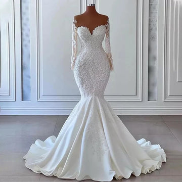 Ivory Wedding Dress Luxury Applique Sheer Tulle Neck Mermaid Gowns for Bride Long Sleeves Satin Elegant Bridal Dresses