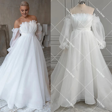 Scalloped Layered Strapless Organza Wedding Dress Oversized Off Shoulder Long Bishop Sleeves Simple Customized Bridal Gowns