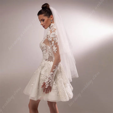 Short Mini High Neck Bridal Gowns For Women Lace Applique Above Knee Length Wedding Party Dress Long Sleeves Wedding Dresses
