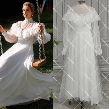 Customized High Neck Victorian Wedding Dress A Line Dotted Tulle Cape Shoulders Long Sleeves Beaded Lace Modest Bridal Gown