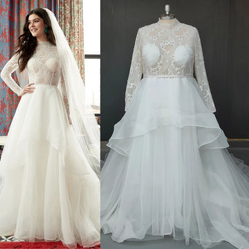 High Neck Long Sleeves Arabic Lace Wedding Dress Organza Customized Conservative Plus Size Muslim Covered Buttons Bridal Gowns