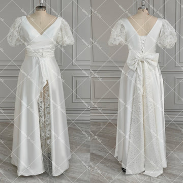 Customized Beading Luxe Wedding Dress Short Puffy Sleeves Corset Surplice V Neck Real Photo High Slit Detachable Bow Bridal Gown