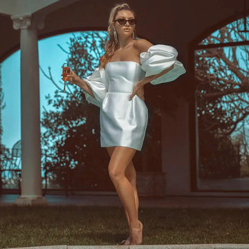 Customized Simple Strapless Short Wedding Dress For women 2025 Detachable Puff Sleeve Backless A-Line Satin Vintage Bridal Gown