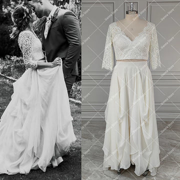 V Neck Lace Two Piece Wedding Dress 3/4 Sleeves Pick-Up Chiffon Plus Size Crop Top Rustic Romantic Customized Bridal Gowns