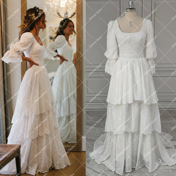 Long Flare Sleeves Cutout Lace Bridal Gown Bohemian Customized Plus Size Scoop Neck Low Cut Boho Tiered Vintage Wedding Dress