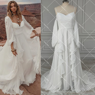 Silky Chiffon A Line Gathered Bust Wedding Dress Long Billowing Sleeves Customized Ruffled Flowy Skirt Floral Lace Bridal Gowns