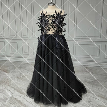 Customized 3D Feathers Sheer Bodice Gothic Wedding Dress High Split Shining Backless Scoop Neck Beaded Appliques Bridal Gowns