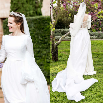 Factory Price Victorian Cutout Lace Scoop Neck Wedding Dress A Line Customized Chic Satin Long Sleeves Backless Bridal Gowns