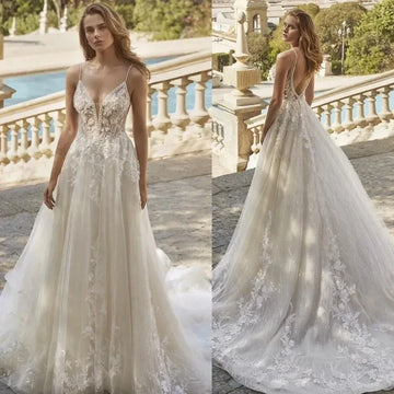 Sexy Backless Vestidos De Novia Appliques Vestido De Noiva Spaghetti Straps Wedding Dresses Romantic Customized