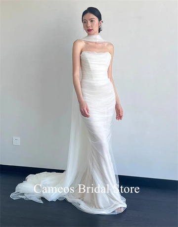 SONDR Strapless Tulle Korea Elegant Wedding Dress Customized Bride Dress 웨딩드레스 Mermaid Ruched Corset Ivory Wedding Gown Bridal