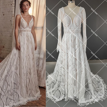 Customized Spaghetti Straps Lace Wedding Dress With Long Sleeve Bolero Backless V Neck Customized A Line Romantic Bridal Gown