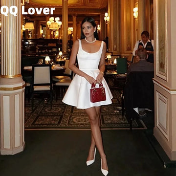 Sexy Mini Ivory Spaghetti Straps Stain Wedding Dress Above Knee Square Collar Short Backless Customized Sleeveless Bridal Gown