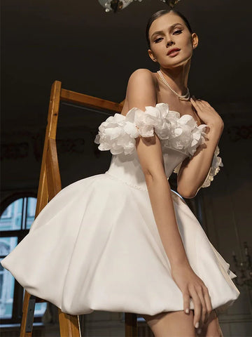 Elegant Wedding Dress Short 3D Flowers Off the Shoulder A Line Ivory Satin Wedding Gowns Mini Strapless Simple Bridal Dresses