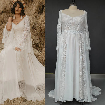 Long Batwing Sleeves Bohemian Lace Bridal Gowns V Neck Zipper Side Cutouts Corset Chiffon Beach Pastrol Customized Wedding Dress