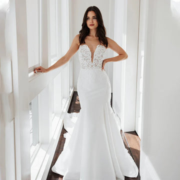 Sexy V-neck Lace Applique Sheath Wedding Dresses Custom Made Bridal Grown Vestido De Noival
