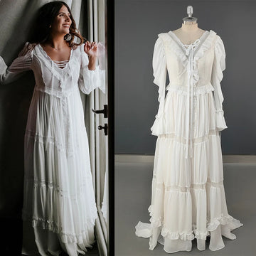 Long Sleeves Tiered A Line Elopement Bridal Gown Beach Customized Boho Hippie Lace Chiffon Netting Wedding Dress