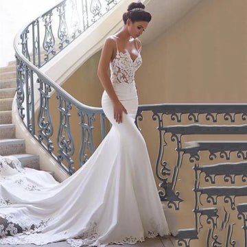 Customized Morden Lace Satin Mermaid Wedding Dresses Sweetheart Sleeveless Bridal Gown 2025 Simple Plain Long Train Sweep Train