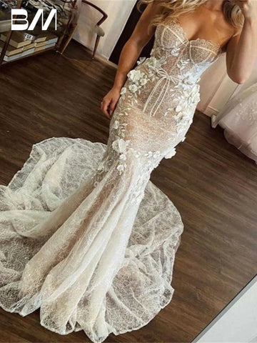 Romantic 3D Flowers Wedding Dress Beach Real-photos Mermaid Bridal Gown Modern Floor-length Bride Dresses Vestidos De Novia