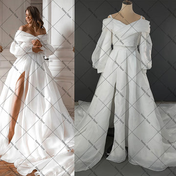 Off Shoulder Detachable Bolero Organza Customized Long Sleeves Wedding Dress High Split Removable Overskirt Train Bridal Gowns