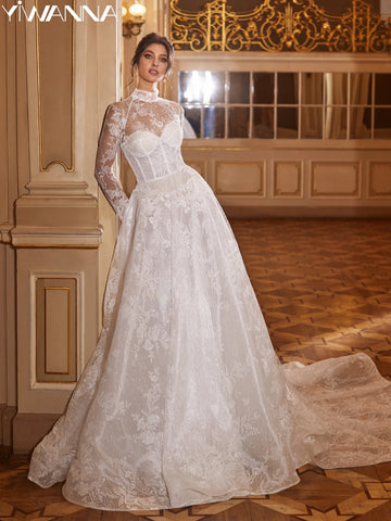 Glitter Lace Appliques Bride Robe Modest High Collar Long Sleeve Wedding Dress 2025 A-line Bridal Gown Customized Robe De Mariée