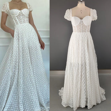 Cutout Lace Sweetheart Bridal Gowns Customized Square Back Short Cap Sleeves A Line Wedding Dress