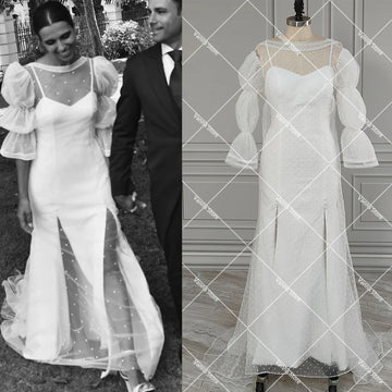 Two Pieces Sheath Simple Wedding Dress Dotted Tulle Cloak Half Bubble Sleeves Customized Front Slit Spaghetti Straps Bridal Gown