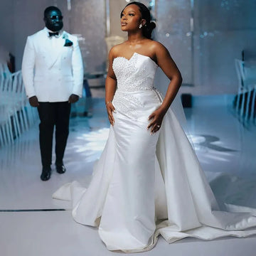 Luxury Wedding Dress White Satin Pearls Beading Mermaid Gowns with Detachable Train Strapless African Bridal Long