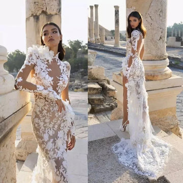 Robe De Mariee Sexy Mermaid Wedding Dress 2025 High Collar Side Slit Lace Appliques Long Sleeve Customized Boho Bridal Gown