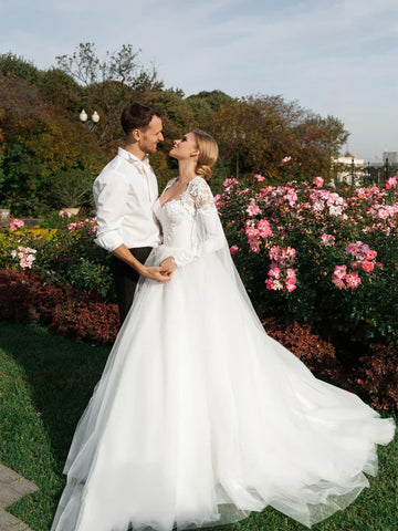 2024 Princess Sweetheat Lace Sleeve Wedding Dresse Sweep Train Vestido De Novia Satin Cap Straps New Bride Dress Elegant Ivory