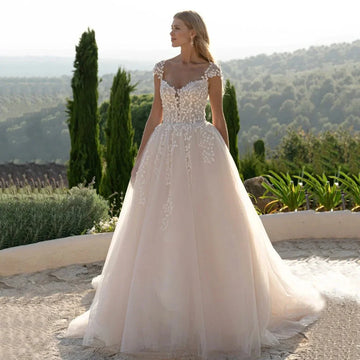 Romantic Vestidos De Novia Customized Cap Sleeve V Neck Sweep Train Wedding Dresses Appliques Vestido De Noiva