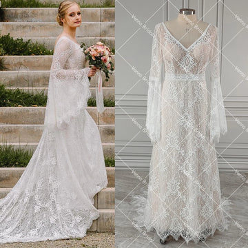 Long Batwing Sleeevs Boho Backless Bridal Gown Big Size Sheer Bodice Flowy Lace A Line Romantic V Neck Wedding Dress Customized