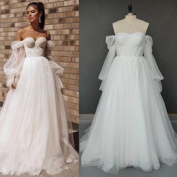 Off Shoulder Appliqued Tulle Wedding Dress Customized Detachable Long Bishop Sleeves Lace Up Princess Sweetheart Bridal Gowns