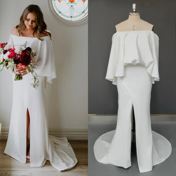 High Slit Off Shoulder Wedding Dress Sweep Train Simple Elegant Plus Size Customized Ruffled 2021 Satin Zipper Bridal Gown