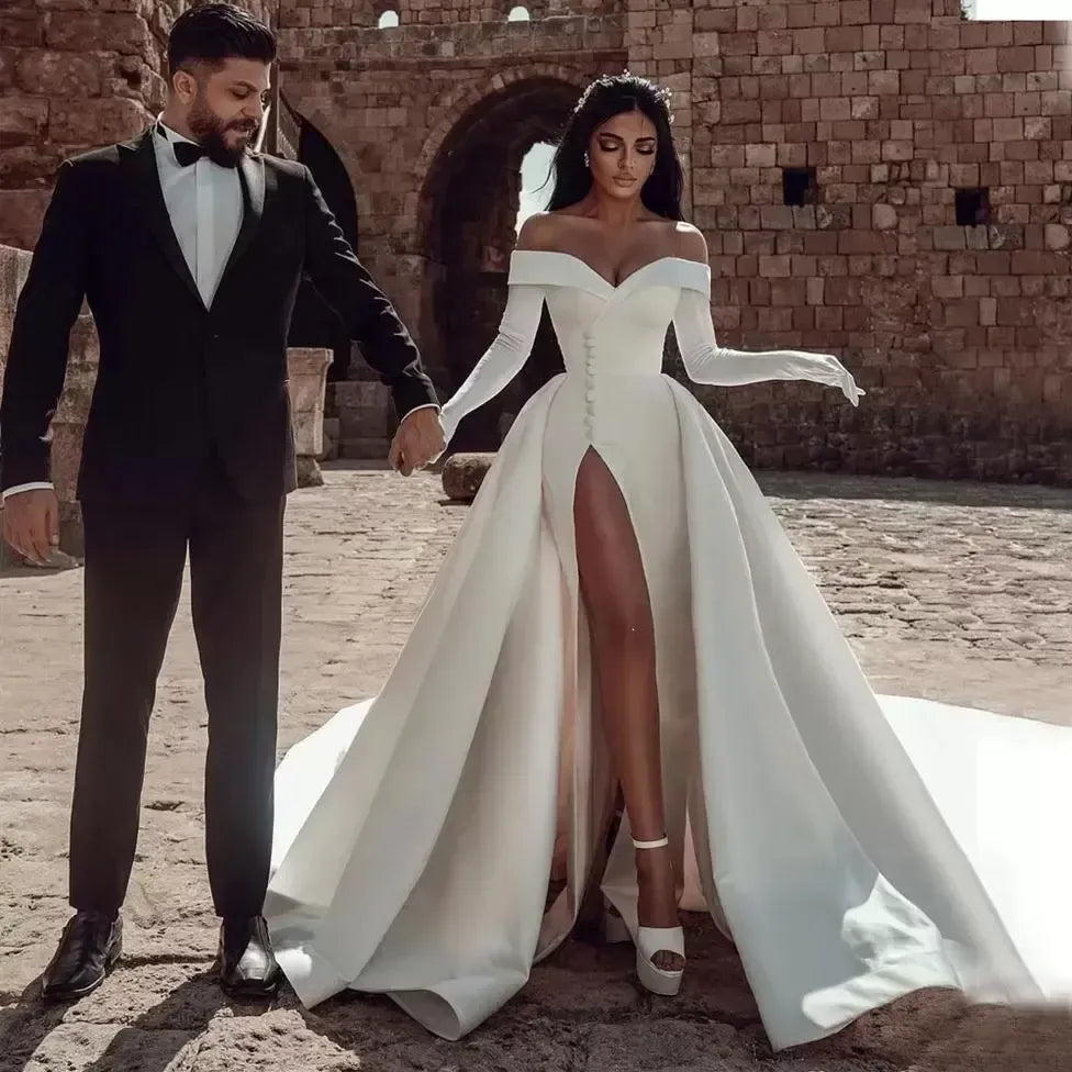 2 In 1 Detachable Train Wedding Dress Fashion Satin Sweetheart Split Princess Bride Gown SM35 Vestido de Noiva