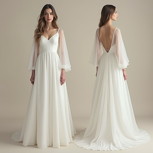 Romantic A-line wedding dress with sheer bell sleeves, a deep V-neckline, crisscross open back, and flowing chiffon skirt—ideal for a modern yet timeless bridal look.