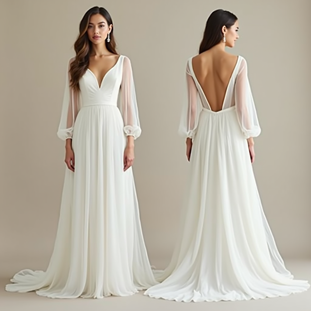 Elegant A-line wedding dress with sheer bishop sleeves, deep V-neckline, and a flowing chiffon skirt—perfect for a romantic and modern bride.