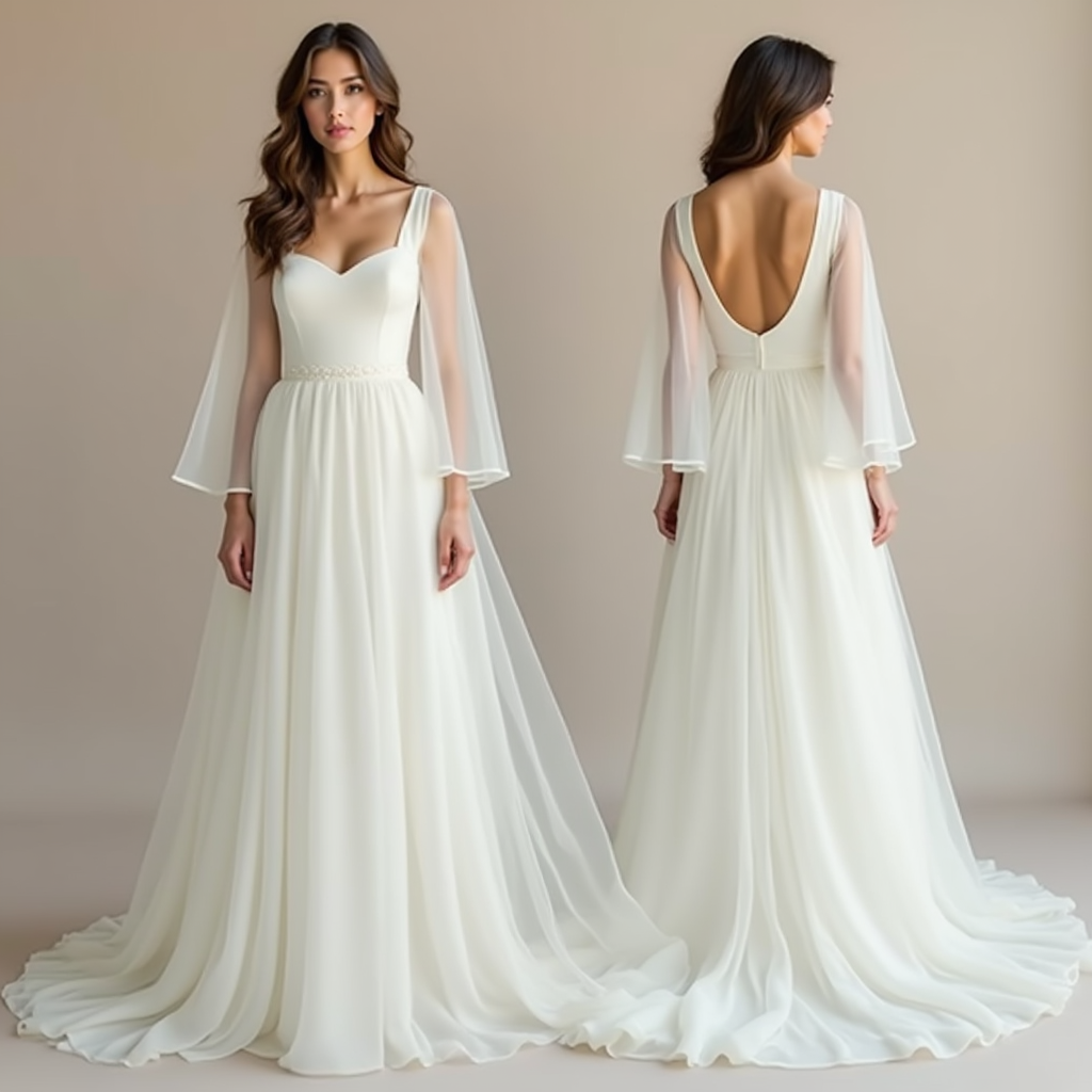 Elegant A-line wedding dress with sheer cape sleeves, a sweetheart neckline, and a flowing chiffon skirt—perfect for a modern and romantic bride.